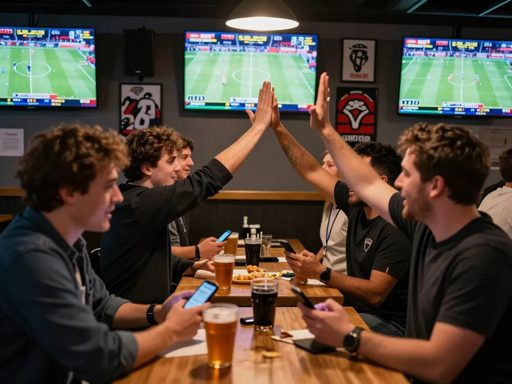Celebrating a winning play at go99com sports betting with friends in a lively sports bar