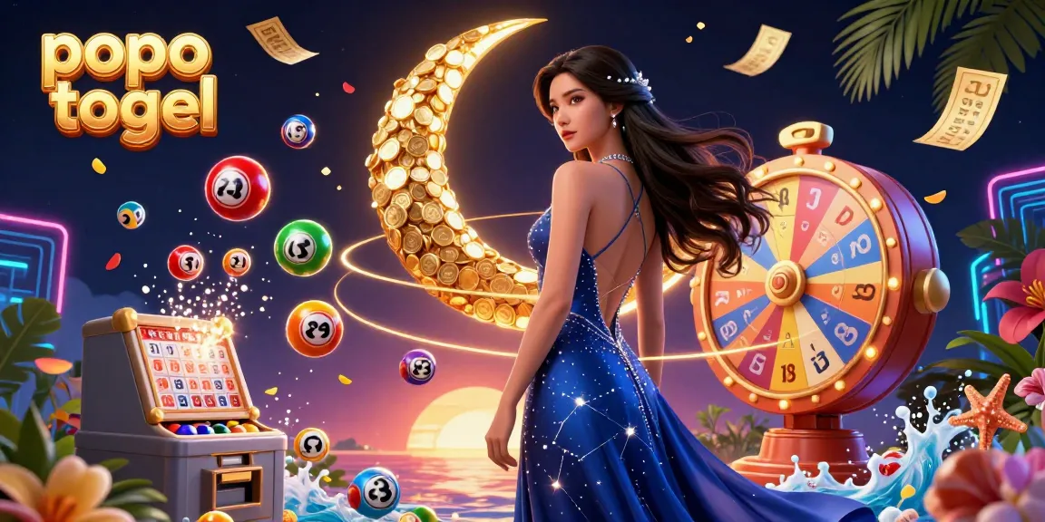 Experience the excitement of popo togel as vibrant lottery balls and prizes surround a stunning Asian woman in a blue gown.