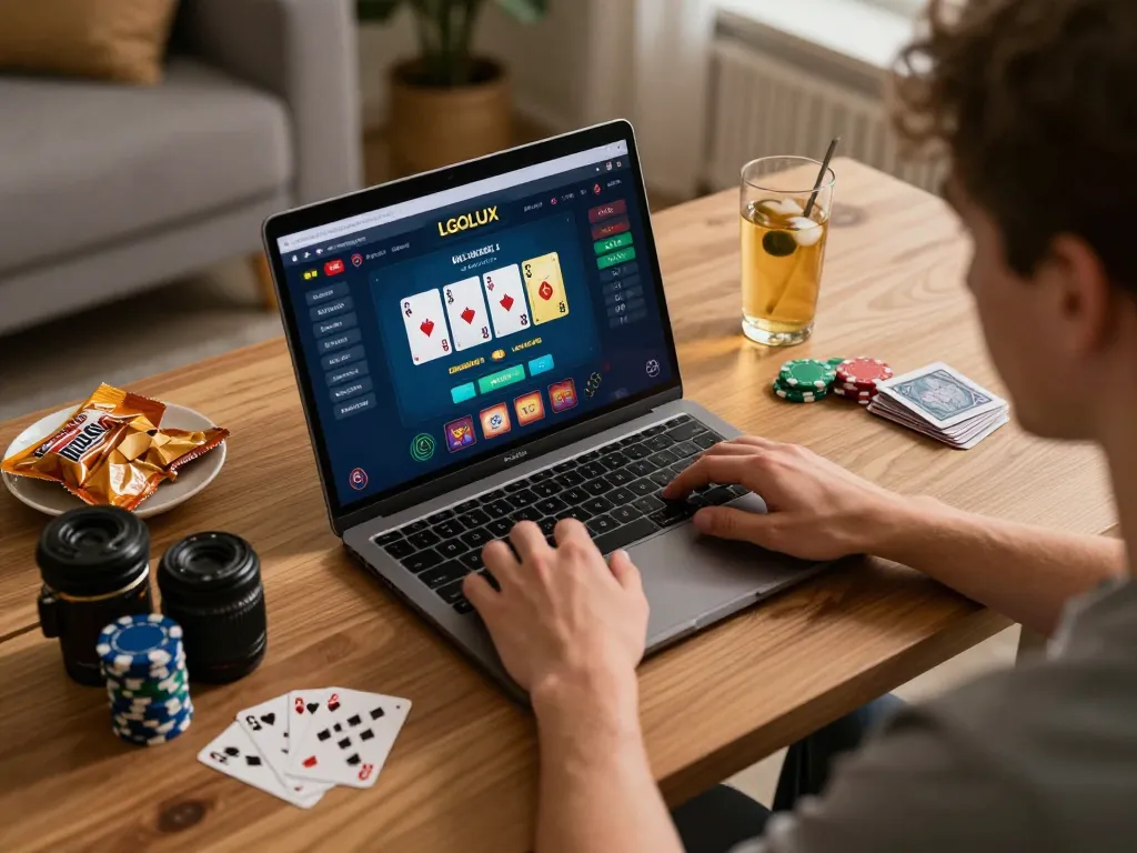 Engaging scene of LGOLUX poker gameplay at home, showcasing strategic betting and relaxed atmosphere
