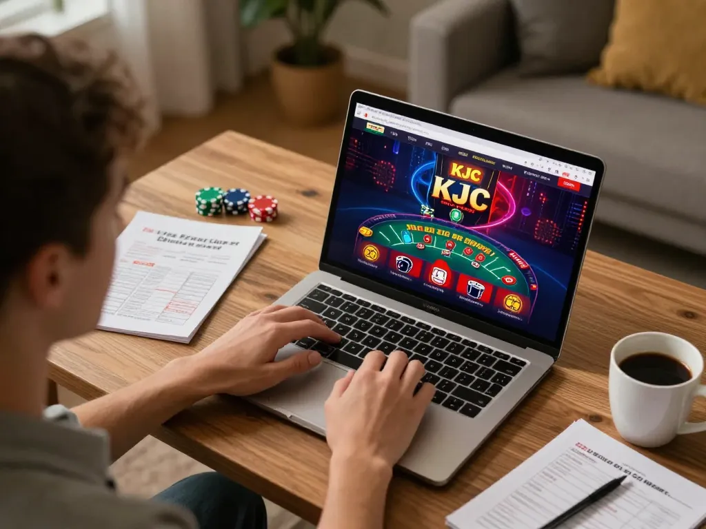 KJC user engaged in online blackjack gameplay on a sleek laptop within a cozy setting.