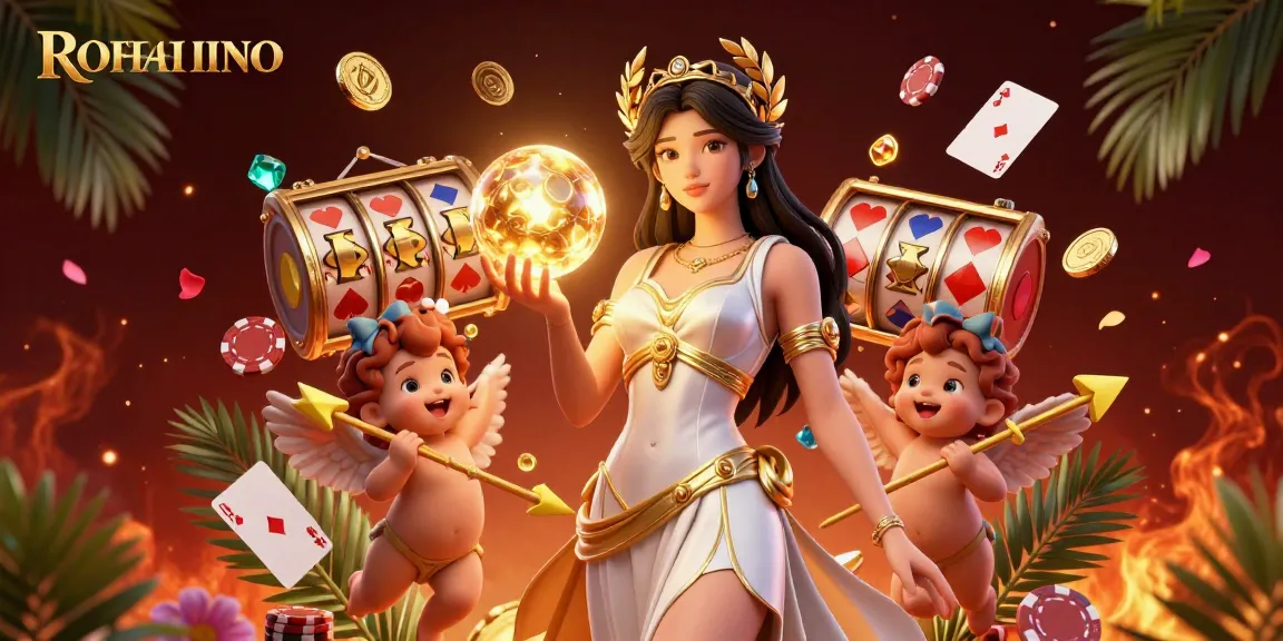 Engage with royal casino's exciting gameplay, featuring a stunning goddess and playful cherubs surrounded by slot machines and poker elements.