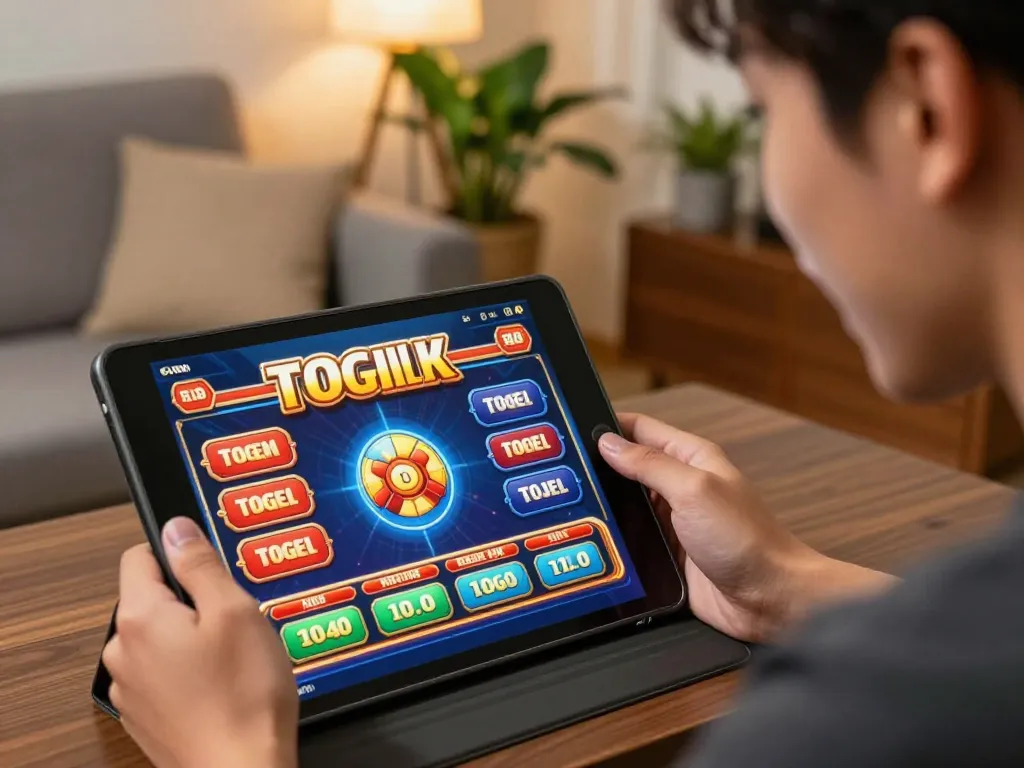 Togel gameplay in a cozy home environment, capturing a player immersed in strategy.
