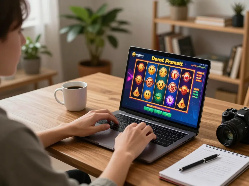 Playing Demo Slot Pragmatic on a laptop in a cozy home setup, showcasing strategic gaming moment.