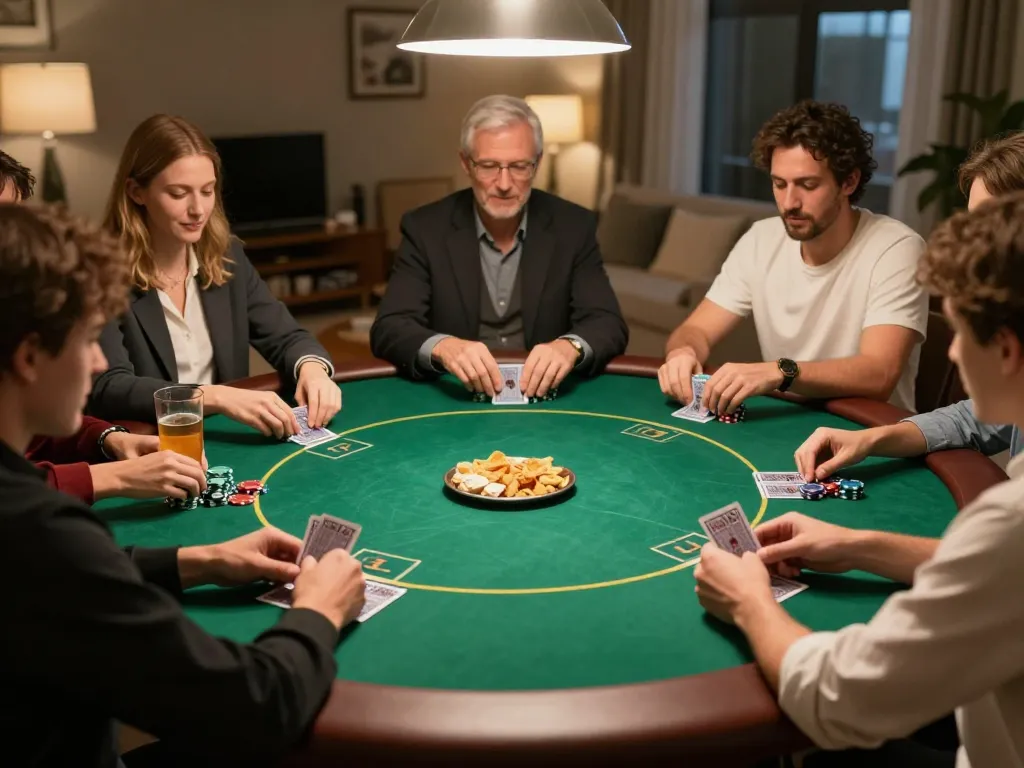Engage with kp88 at a friendly home poker night, showcasing players in a strategic Texas Hold'em game.