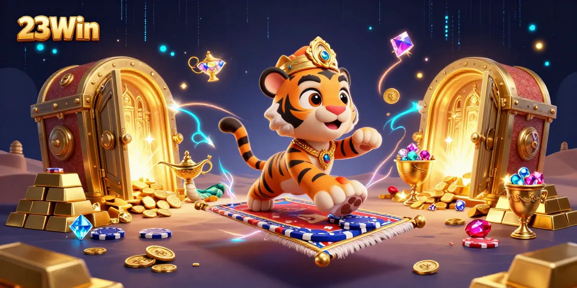 Join the excitement at 23Win as you explore a vibrant 3D casino illustration showcasing thrilling games and treasures.