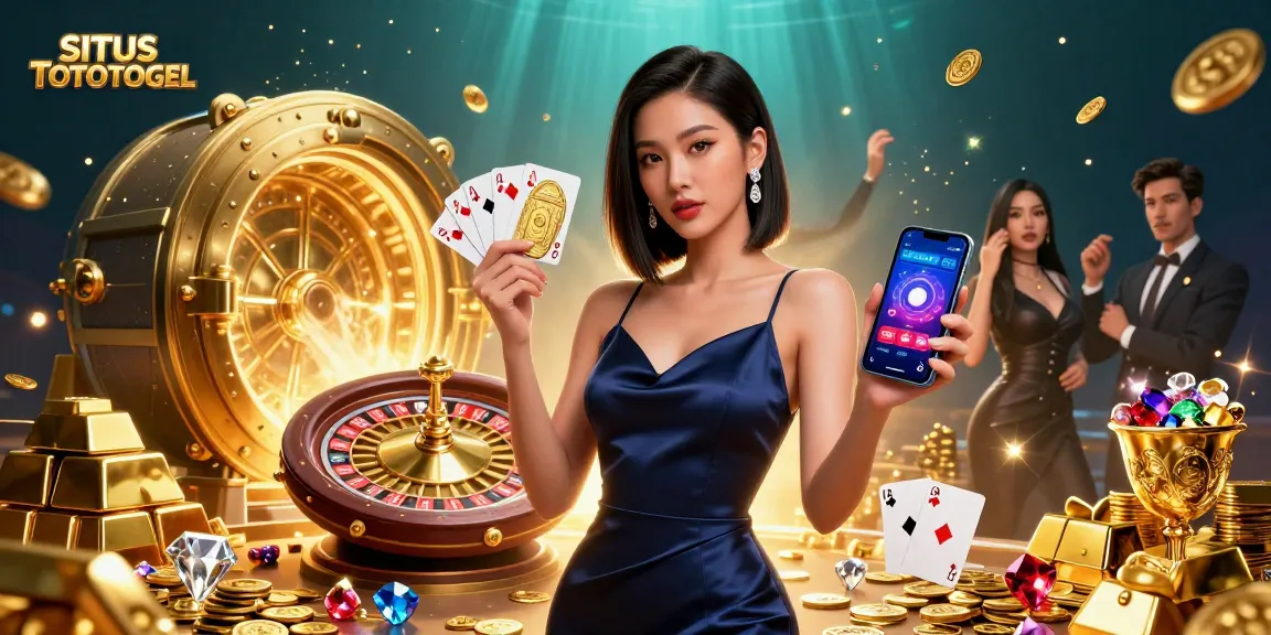 SITUS TOTOTOGEL showcases a confident woman with a smartphone and golden chip, surrounded by gleaming treasures.