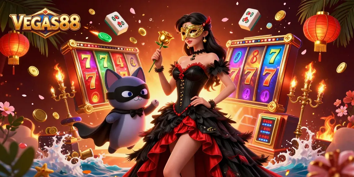 Join the excitement at VEGAS88 with stunning slot reels and vibrant colors in this captivating digital illustration.