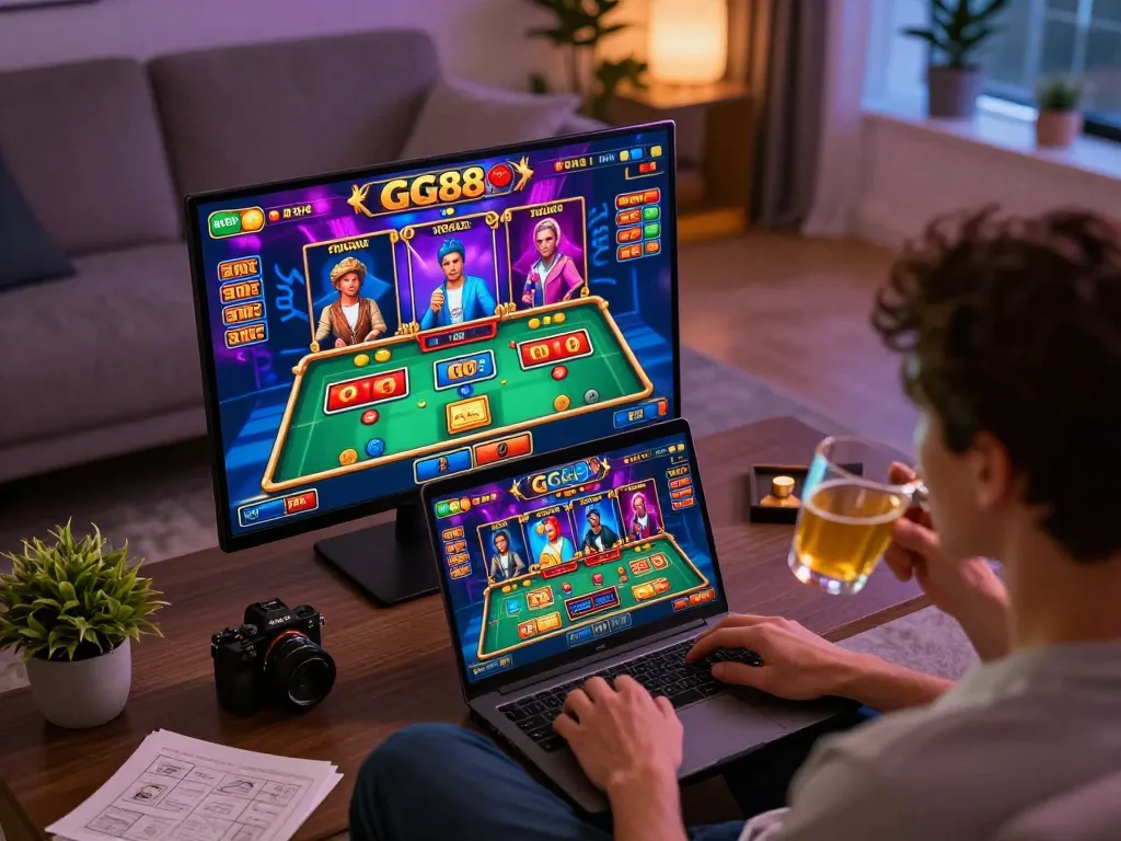 Engaging gameplay session on GG88 platform showing live dealer action on a cozy gaming setup.