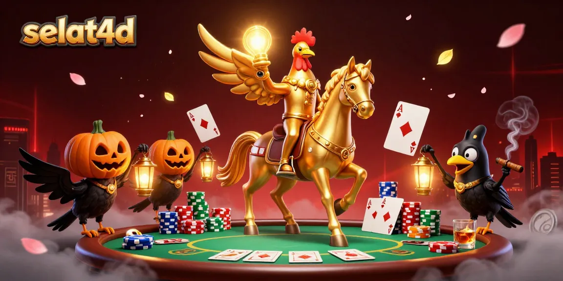 Engage in thrilling gaming with selat4d's vibrant cartoon scene featuring poker and illuminated characters.
