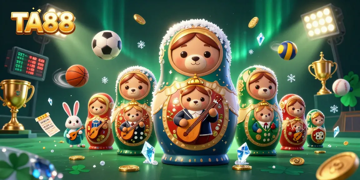 TA88 showcases a vibrant casino scene with Matryoshka bears, sports elements, and dynamic decorations.