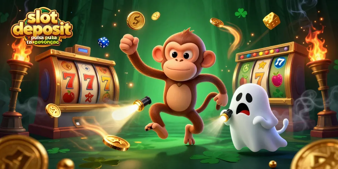 Slot deposit pulsa tanpa potongan menampilkan ilustrasi kasino dengan karakter joker beraksi dan slot gulungan.
