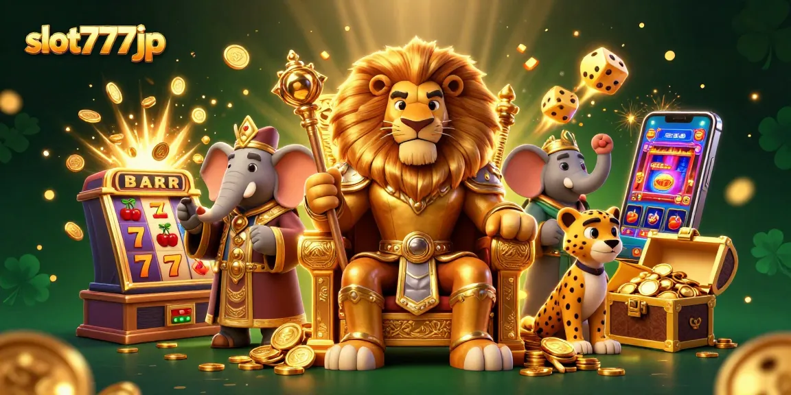 Win big with slot777jp at an exciting 3D casino scene featuring a lion king on a gold throne.