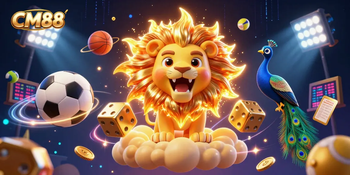 Bet on exciting games with CM88, illustrated vividly by a roaring lion and golden dice.