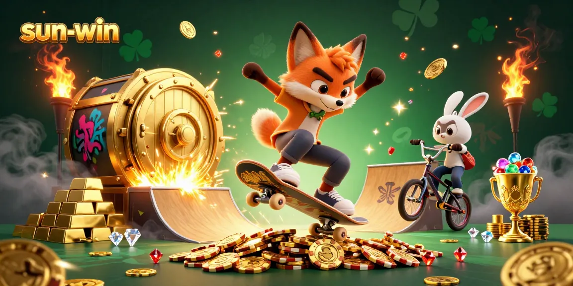 Experience the thrill of gaming with sun-win, showcasing a vibrant 3D casino scene with action-packed characters.