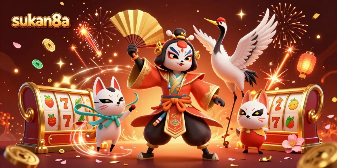 Sukan8a showcases a vibrant 3D illustration of a kabuki warrior and kitsune in a slot game setting.