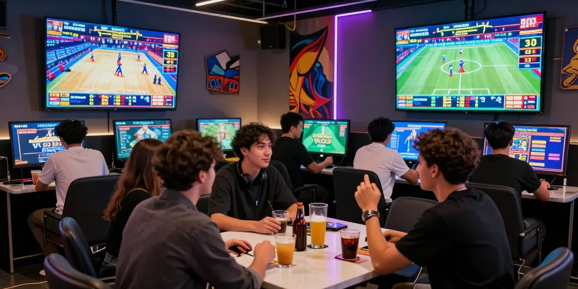 Exciting scene at 28bet gaming lounge with friends enjoying sports betting and casino games.