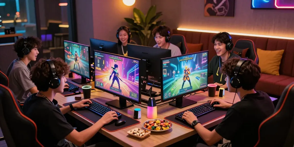 Players enjoying ecchi games in a vibrant gaming lounge with colorful lighting.