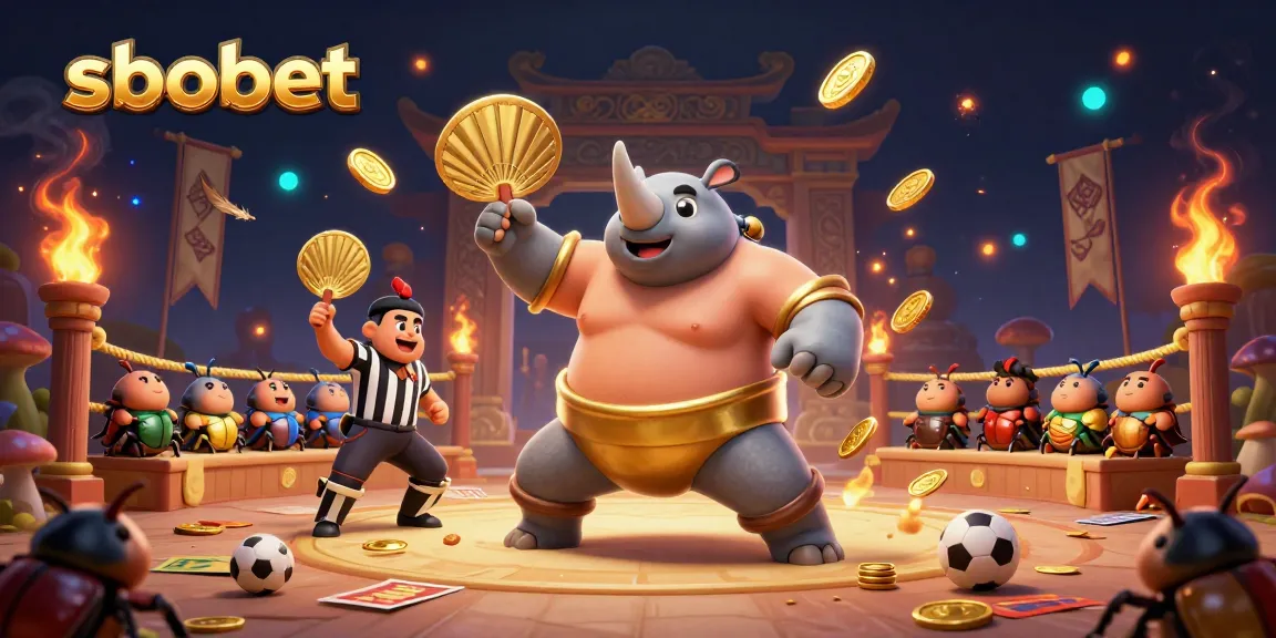 Experience sbobet sports betting with dynamic illustration featuring a beetle champion stomping coins amidst thrilling betting elements.