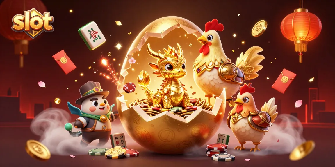 Experience the excitement of slot games with a golden dragon and poker chips in a vibrant casino scene.
