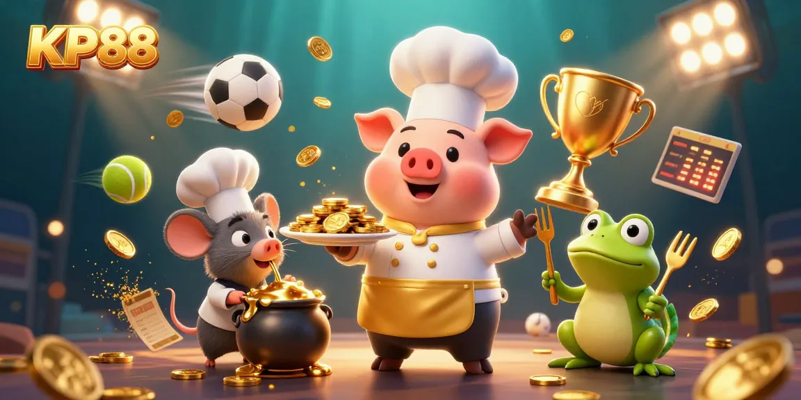 KP88 showcases an exciting casino scene with cartoon characters serving gold, charmingly engaging bettors.