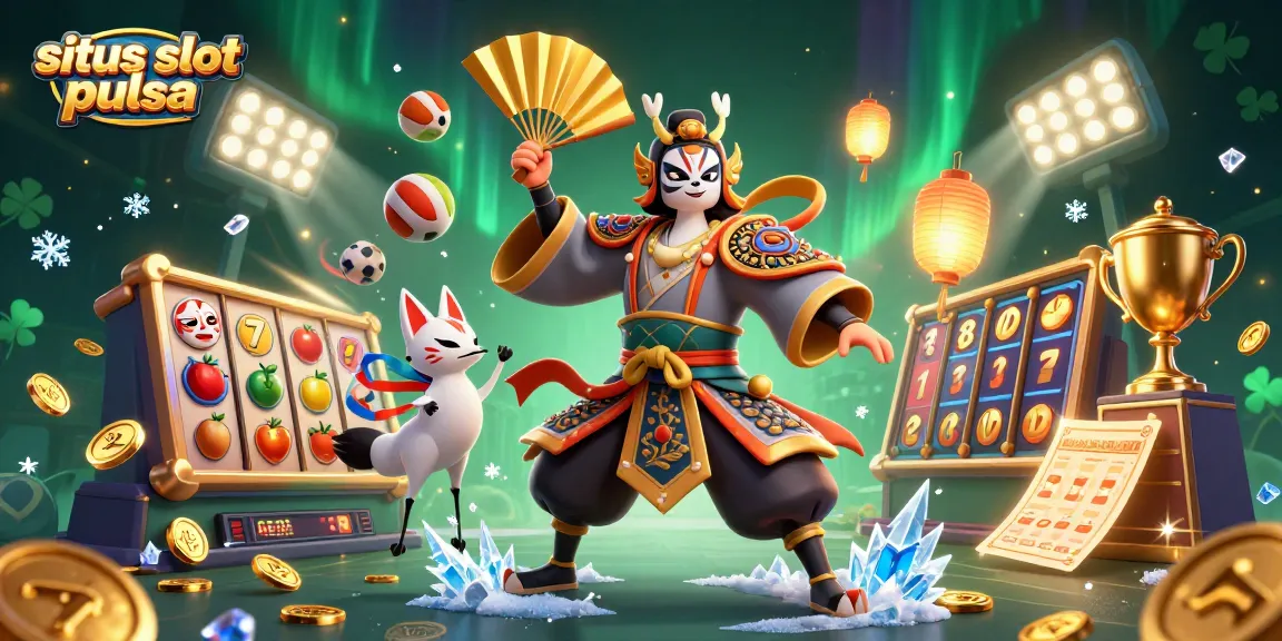 Ikuti aksi mendebarkan di situs slot pulsa dengan ilustrasi cerah dari prajurit kabuki, gulungan slot, dan elemen olahraga.