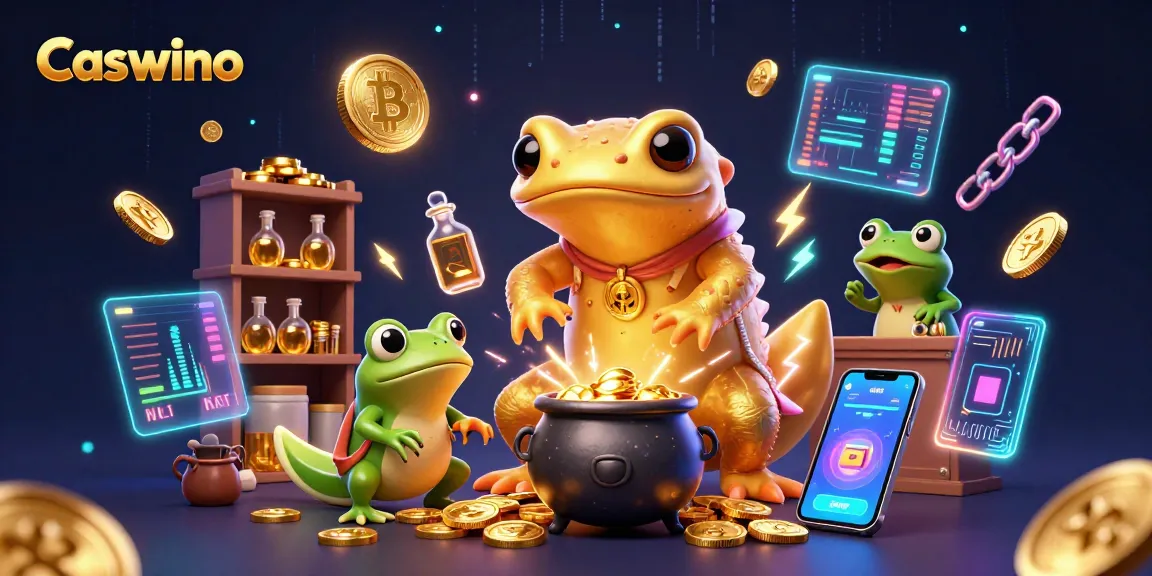 Engage with Caswino through a vibrant 3D casino scene featuring alchemists and crypto elements.