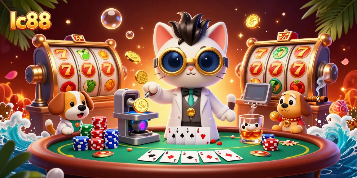 Spin and win with lc88 in this vibrant, energetic casino scene featuring a mad scientist cat and his dog assistant.