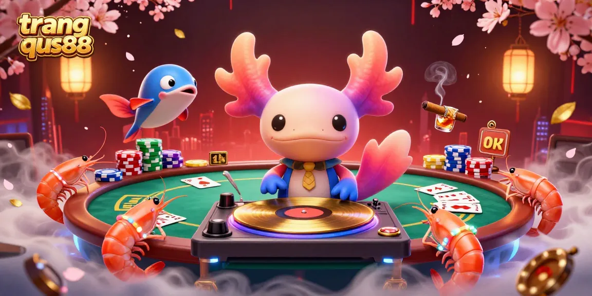 Experience the vibrant atmosphere of trang chu qs88 with energetic visuals from a DJ, shrimp dancers, and poker elements.