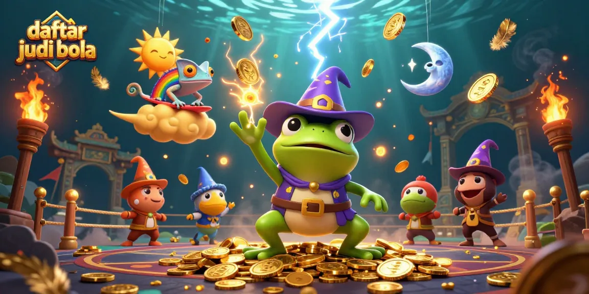 Place your bets with daftar judi bola as the weather wizard frog conjures gold coins in a vibrant scene.