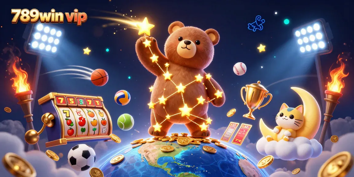 Engage with 789win vip gaming as a cosmic bear scoops coins and celebrates jackpots in a vibrant casino.