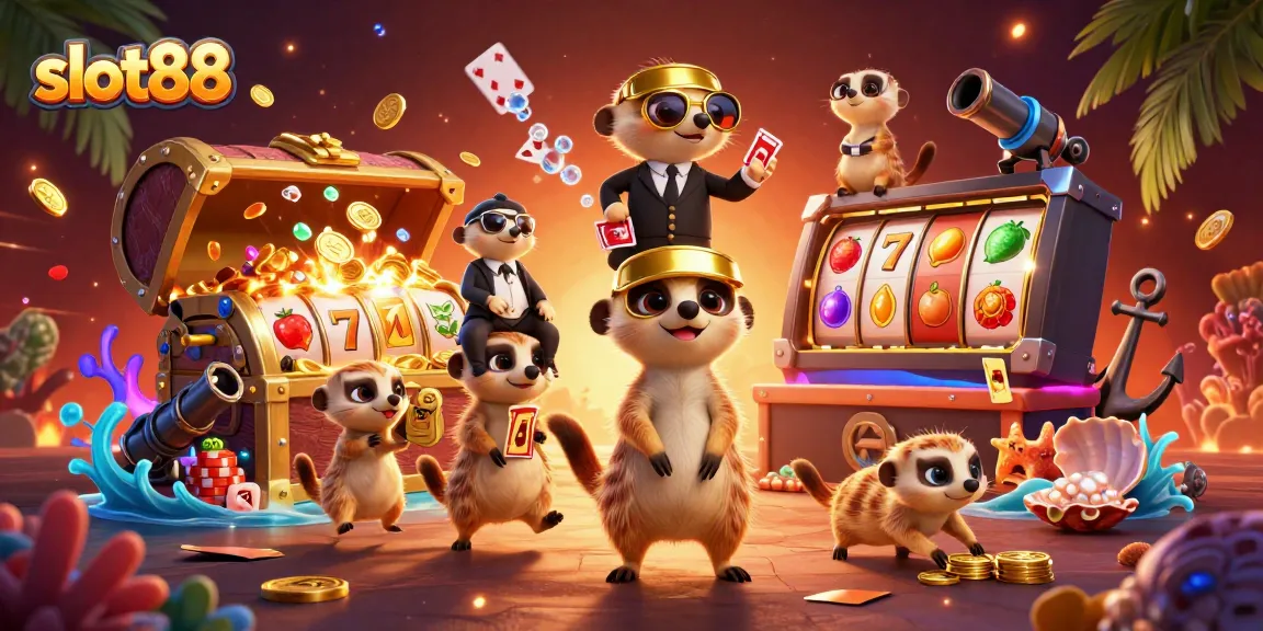 Slot88 menawarkan pengalaman bermain menarik dengan mesin slot bergambar simbol keberuntungan dalam ilustrasi kasino ceria.