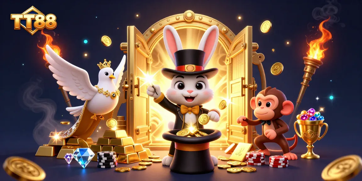 TT88's captivating casino world showcasing a magician rabbit, aristocratic dove, and playful monkey amidst treasures.