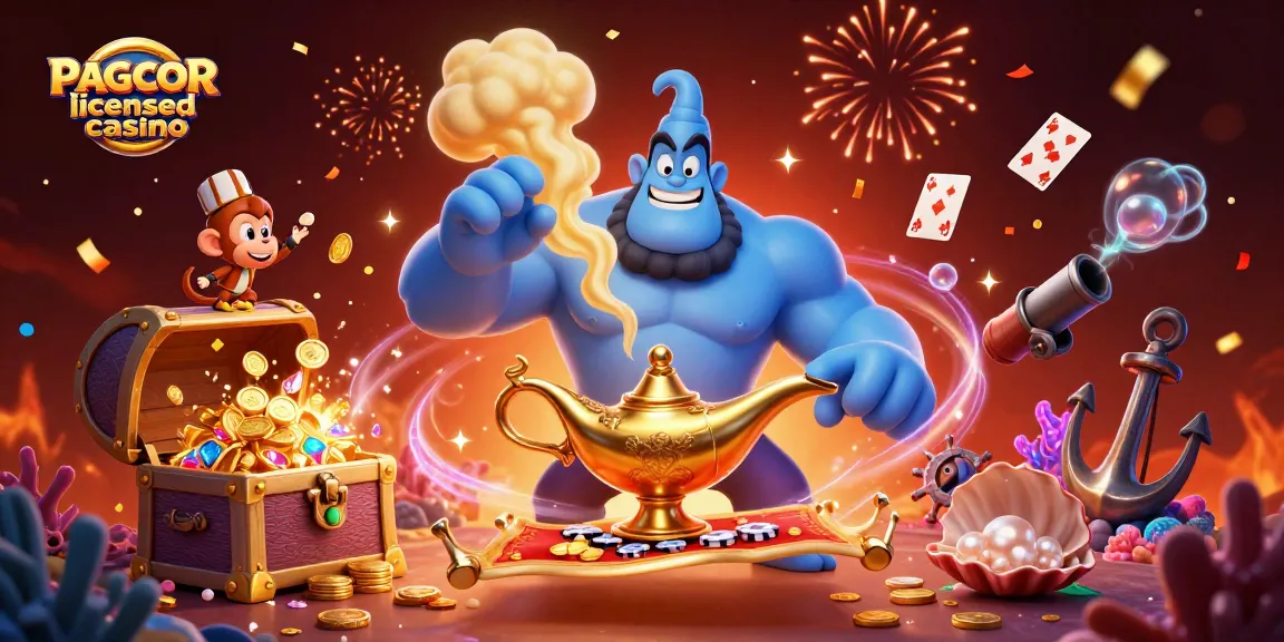 PAGCOR licensed casino scene with genie, monkey, and poker chips surrounded by colorful gaming elements