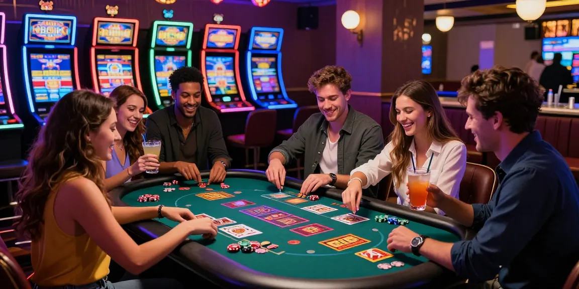 Exciting casino atmosphere at https://lctltd.co.uk featuring friends enjoying gaming, colorful lights, and lively decor.