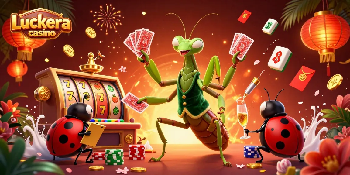 Experience Luckera casino with a lively scene featuring giant cartoon characters in a vibrant casino.