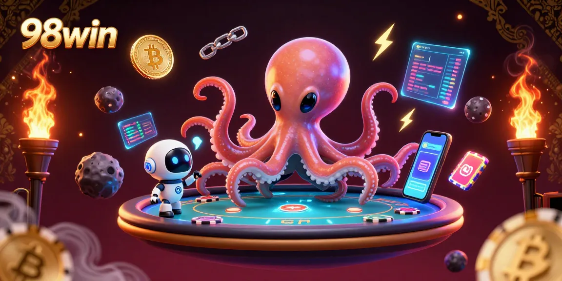 Engage with thrilling games at 98win featuring a vibrant alien scene with poker and cryptocurrency.