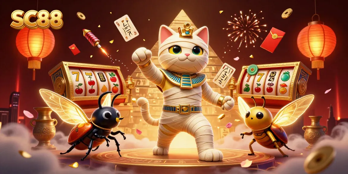 Engage with SC88 in an immersive casino scene featuring an Egyptian mummy cat and vibrant slot elements.