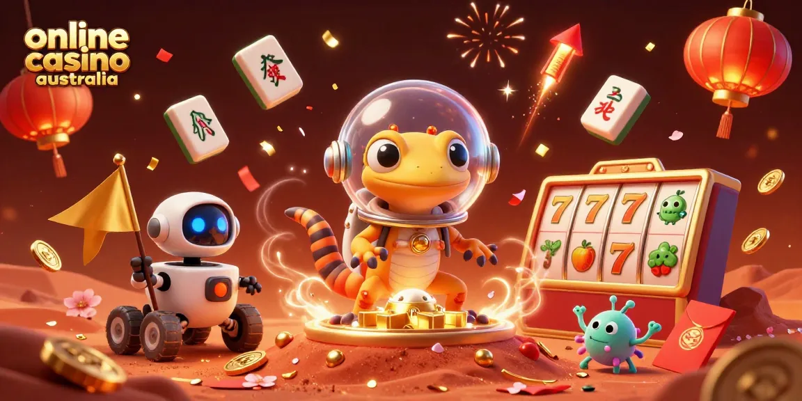 Explore the vibrant scene of an online casino Australia with unique Martian characters and festive elements.