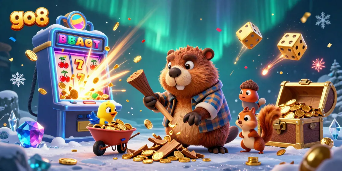 Spin and win with go8 at a vibrant casino scene featuring cartoon characters collecting coins and jackpot elements.