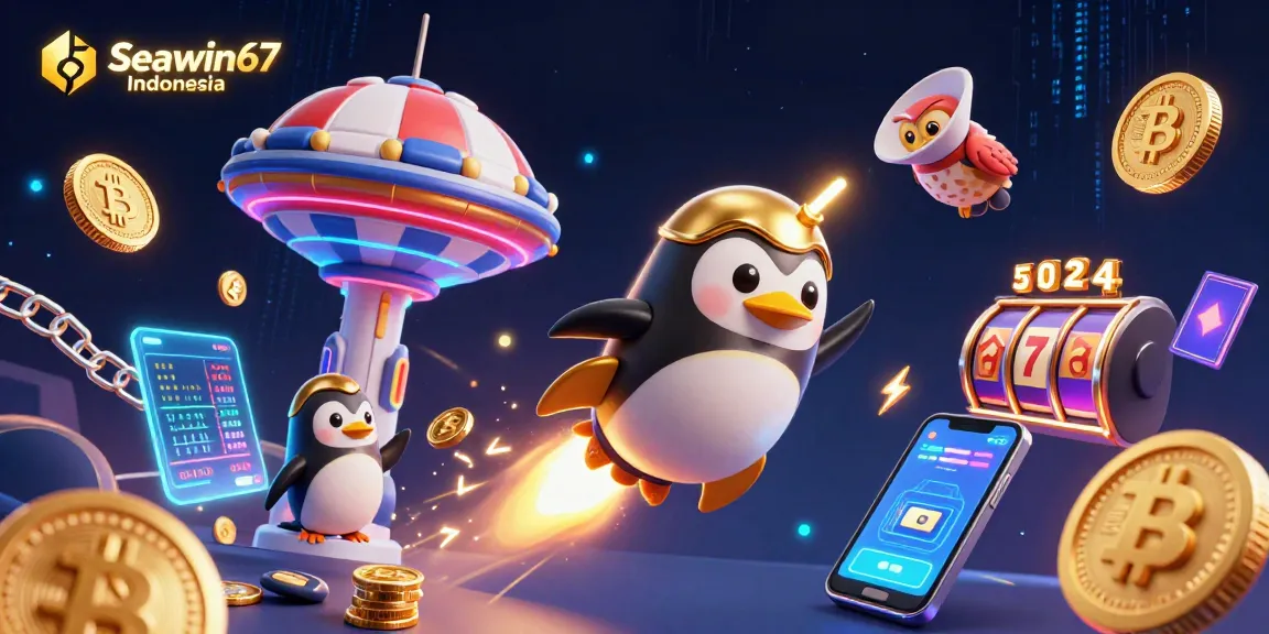 Seawin67 Indonesia memperlihatkan penguin emas bertenaga roket di ruang angkasa dengan koin emas, menggambarkan suasana kasino yang menyenangkan.