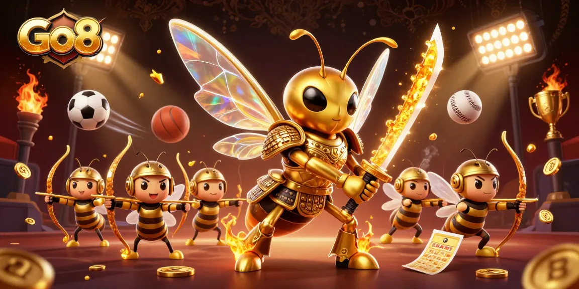 Engage in thrilling gaming with Go8, showcasing a dynamic scene of a samurai hornet and bee archers surrounded by vibrant sports elements.