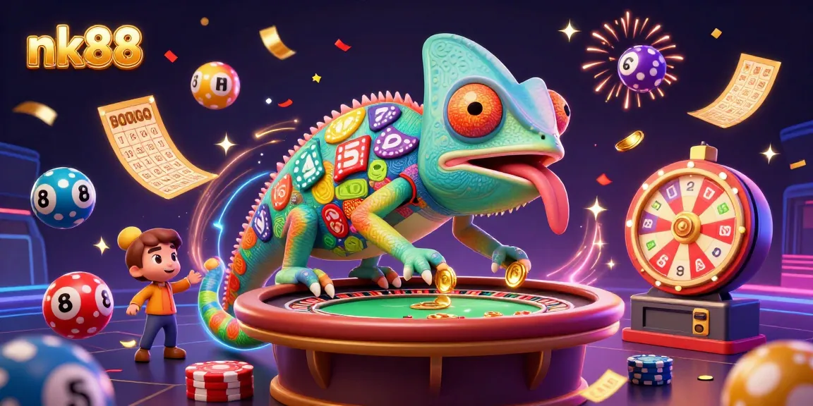 Experience excitement at nk88 with a vibrant casino scene featuring a colorful chameleon and dynamic gaming elements.