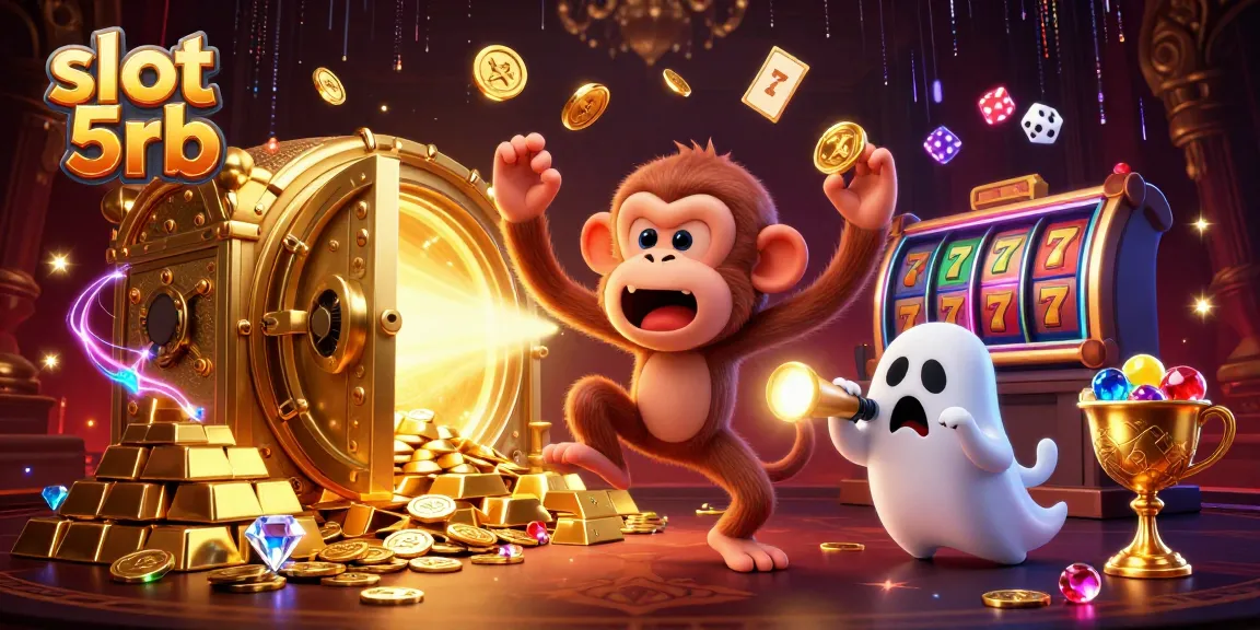 Experience the thrill of slot 5rb with a playful ghost-hunter and a mischievous monkey amidst casino treasures.