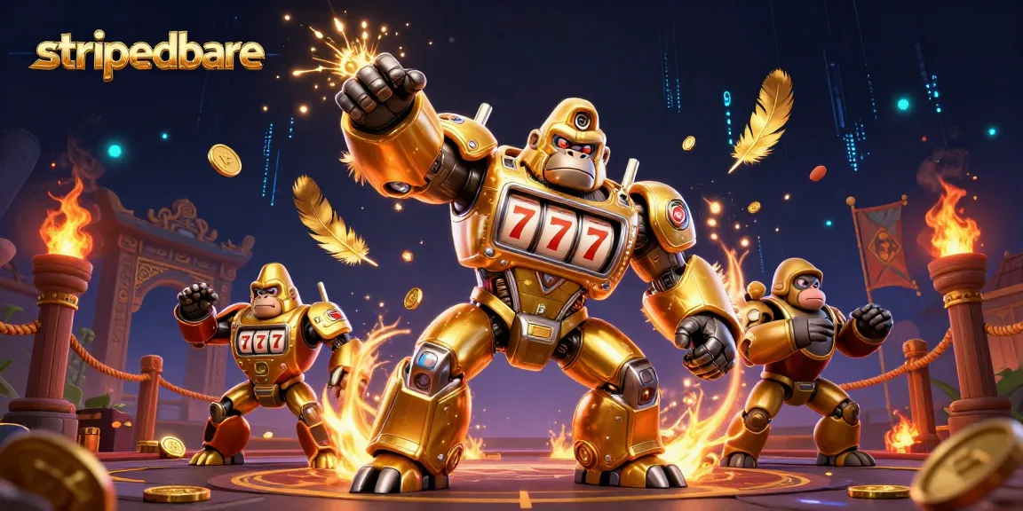 Menangkan jackpot di strippedbare dengan gorila mekanik emas dan tema slot menarik.
