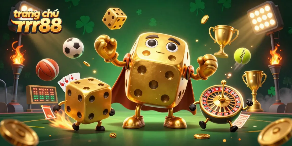 Experience the world of trang chủ rr88 with golden dice and sports elements in a vibrant casino illustration.