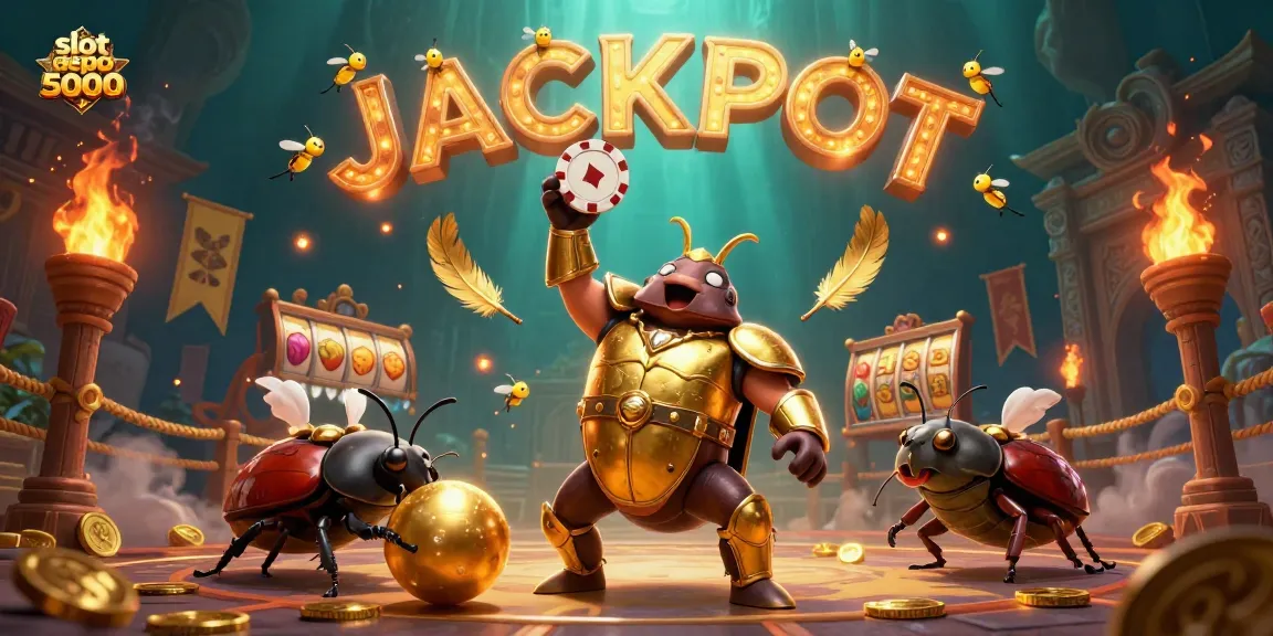 Engage in the excitement of slot depo 5000 as a victorious beetle lifts a poker chip in this vibrant digital illustration.