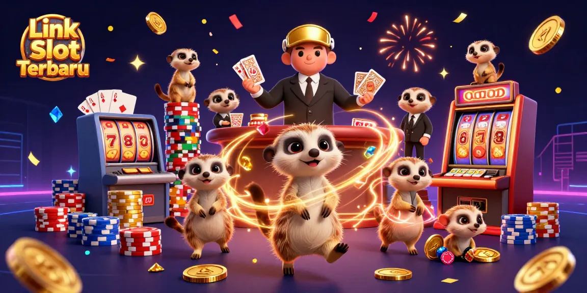 Engage with the exciting Link Slot Terbaru, featuring meerkats in a vibrant casino scene with dynamic slot machine action.